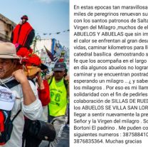 El milagro que esperan abuelos en Salta: piden sillas de rueda para peregrinar