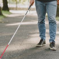 <p>Blind man. People with disability, handicapped person and everyday life. Visually impaired man with walking stick, descending steps in city park.</p>