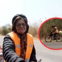 Tiene 63 años y viene peregrinando solita en su bici por la salud de su hijo